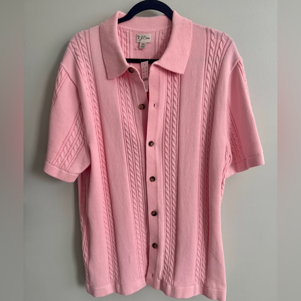 Short-sleeve cotton cable-knit cardigan sweater-polo XL
